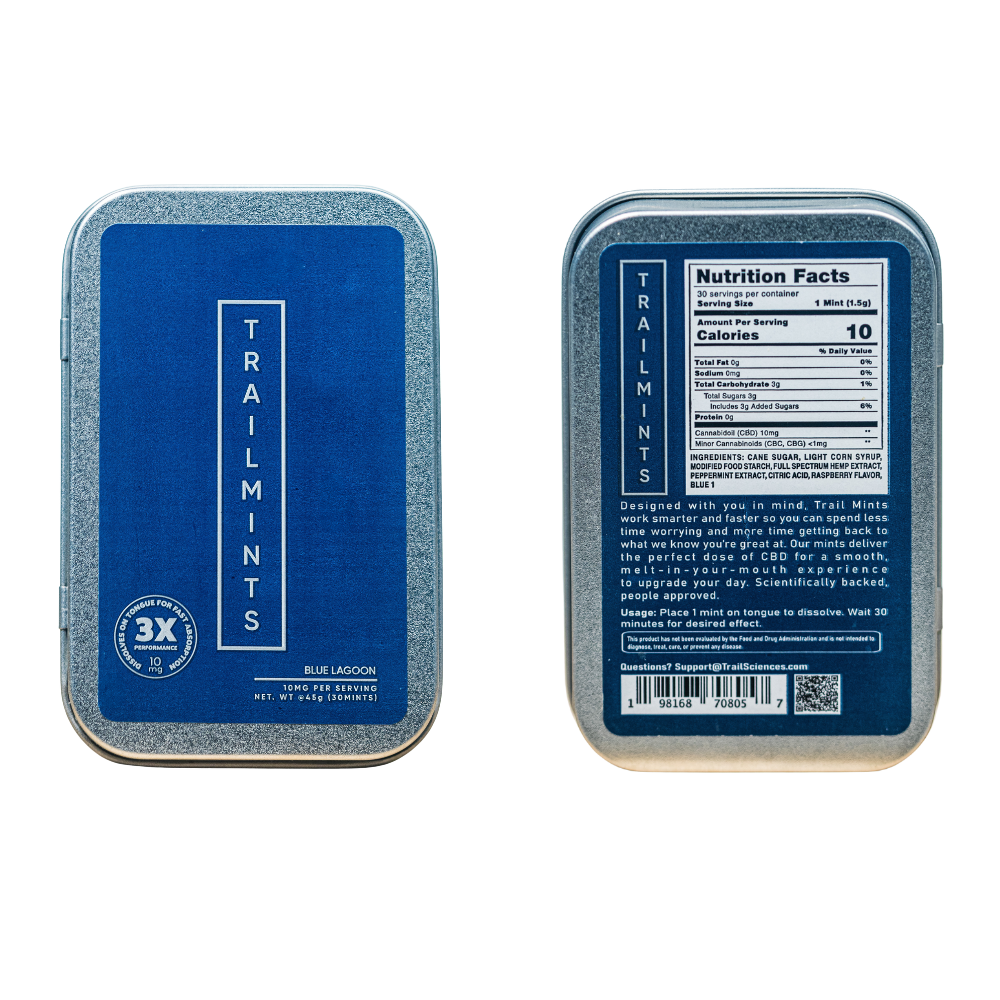 A package of TrailMints featuring blueberry-flavored mints, showcasing vibrant blue and green branding.